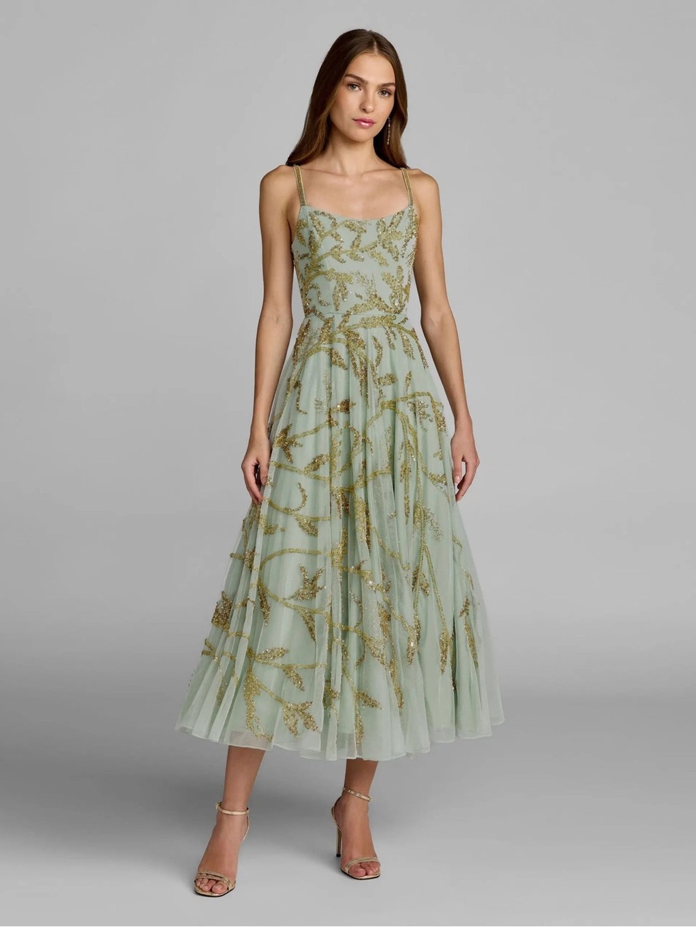 MAC DUGGAL Green Gold Size 10 Floral Hand Beaded Midi Dress